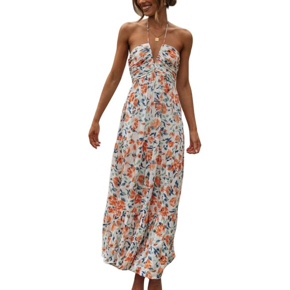 Women's Floral Maxi Dress Boho Sleeveless Summer Backless Ruffle Size Small - Picture 2 of 5